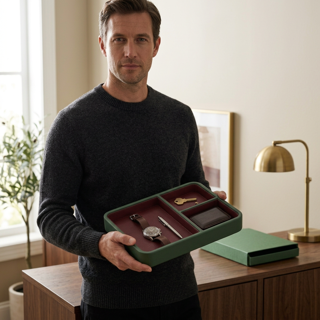 Male model holding valet tray concept