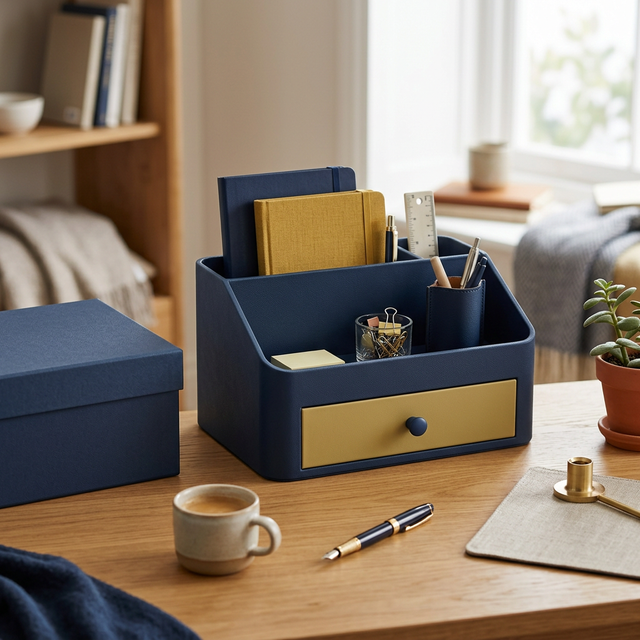 Navy and mustard desktop organizer concept hero