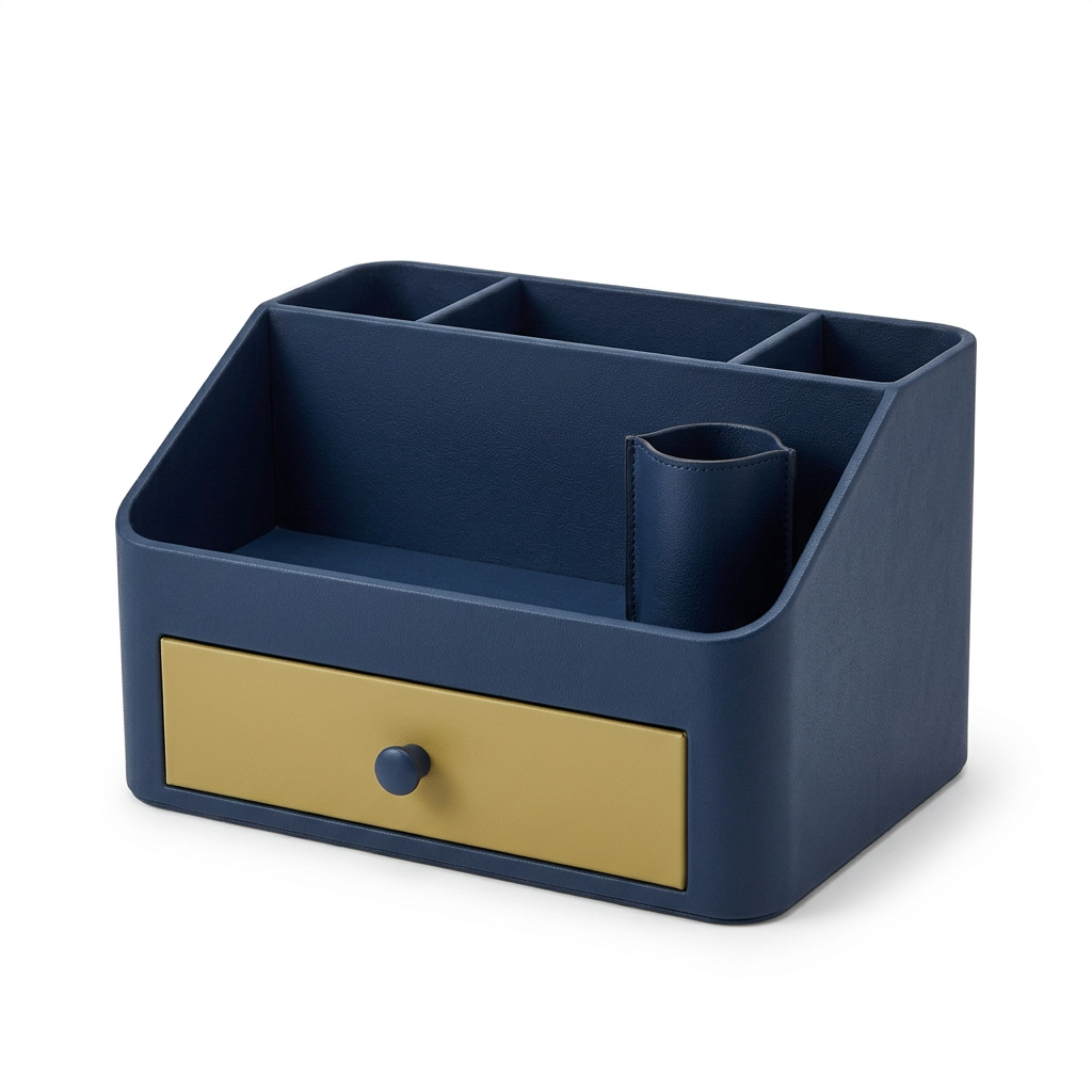 Navy mustard organizer white background concept