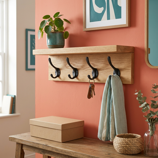 Entryway Wall Shelf with Four Hooks — styled home view