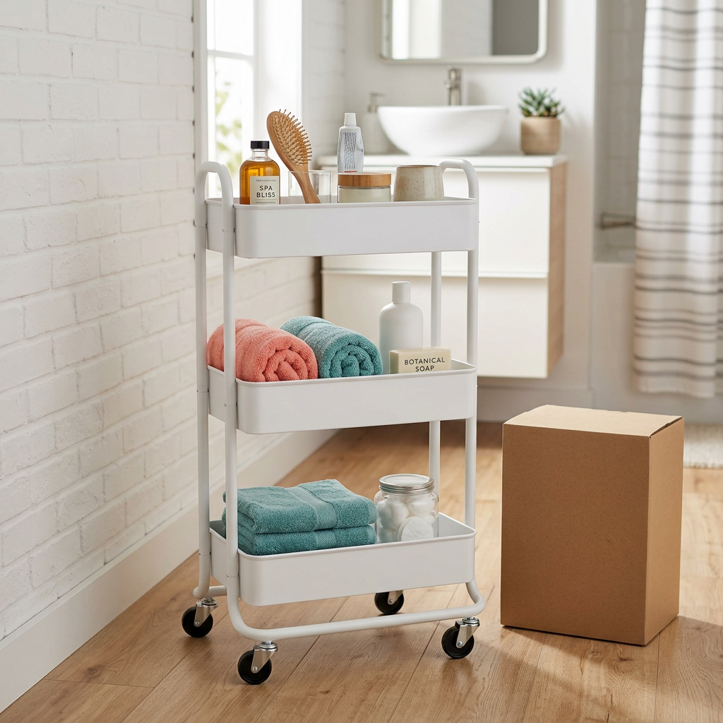 Slim Three-Tier Rolling Storage Cart — styled home view